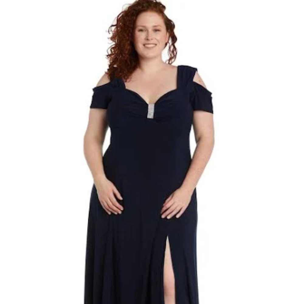 R & M RICHARDS Plus-Size Cold-Shoulder Gown with Rhinestone Trim